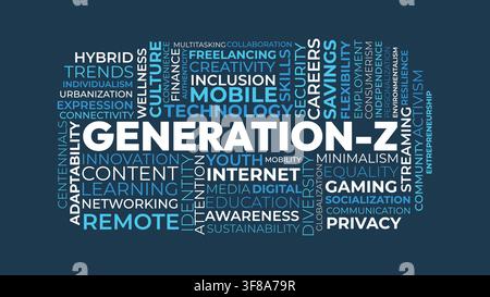 Generation Z Word Cloud for Digital Culture Poster, Technology Education Print. Generation Z centered blue typography Stock Vector