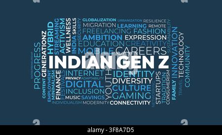 Indian Gen Z Word Cloud for Youth Culture Poster, Digital Lifestyle Print. Indian Gen Z modern blue typography Stock Vector