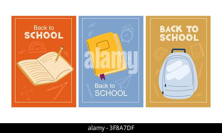 Set of Back to School posters. Flat vector illustration for education promotions, classroom decor, student shopping campaign Stock Vector