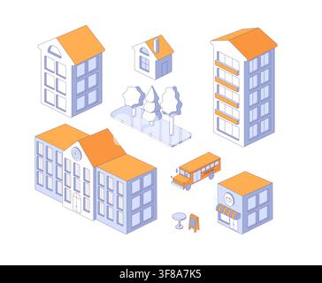 Set of isometric elements for real estate. Flat vector illustration for urban planning, property development, architectural Stock Vector