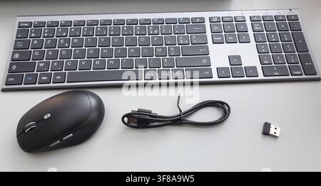 A wireless keyboard, mouse, cable, and USB receiver sit on a desk Stock Photo