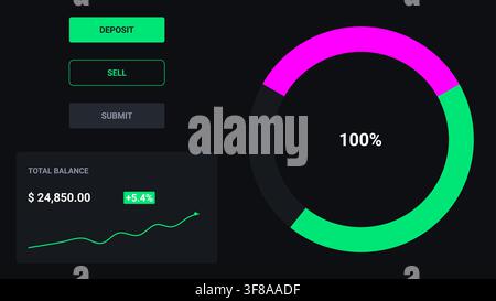 Dark fintech UI elements kit with crypto wallet balance dashboard and financial donut chart analytics Stock Vector