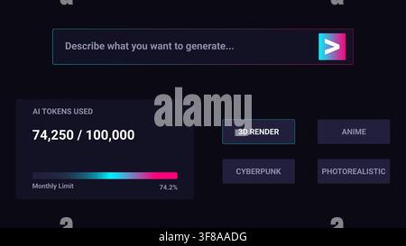 Dark AI content generator UI kit with prompt input bar and credit tokens usage tracker dashboard Stock Vector