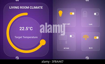 Smart home UI elements kit with glassmorphism climate control thermostat dashboard and IoT switches Stock Vector