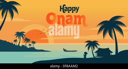 Silhouette of tropical beach with palm tree and boat during sunset. Happy Onam greeting card design. Traditional Kerala festival celebration. Stock Vector