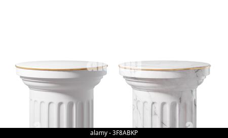 Greek Roman White marble and white stone pedestal podium with gold trim, isolated on background. Minimal luxury column stand for product presentation, Stock Photo