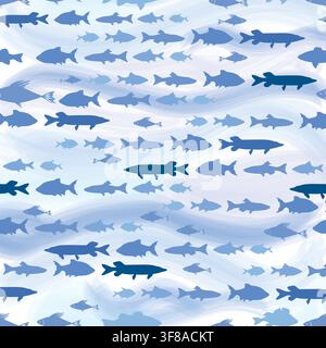 Seamless pattern with fish schools groups swimming over white background. Seafood tropical backdrop Stock Vector