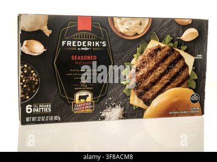 Winneconne, WI - 23 June 2026: A package of Frederiks by meijer seasoned beef patties on an isolated background. Stock Photo