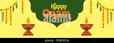 A banner background for the Onam festival featuring a traditional oil lamp and a garland of marigold flowers. Stock Vector