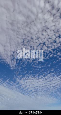 Vertical full frame background view of white altocumulus and cirrocumulus mackerel sky clouds pattern scattered against vibrant blue sky stock photo. Stock Photo