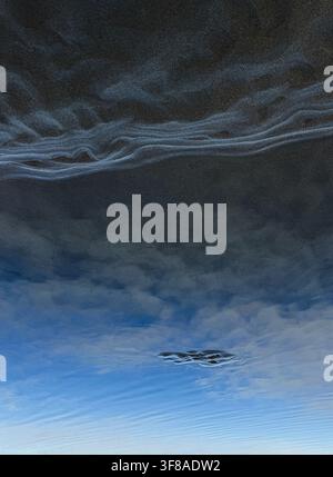 Reflection of sky on rippled water next to rippled sand in an abstract nature landscape. Stock Photo