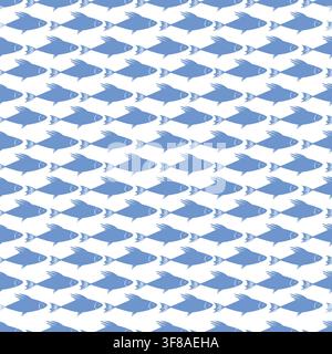 Seamless pattern with fish schools groups swimming over blurred blue water background. Seafood stylish drawn backdrop Stock Vector