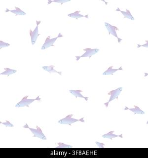 Seamless pattern with fish schools groups swimming over white background. Seafood tropical backdrop Stock Vector