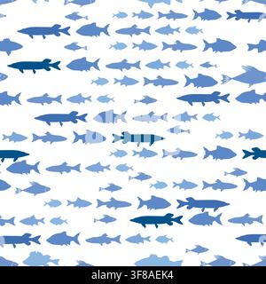 Seamless pattern with fish schools groups swimming over white background. Seafood tropical underwater backdrop Stock Vector