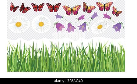 Set of summer nature design elements. Grass seamless border pattern, flowers bluebell, chamomile, butterfly Stock Vector