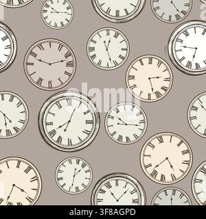 Time seamless pattern. Hand drawn sketch in retro style clock background design for fabric and decor Vintage watches background. Stock Vector