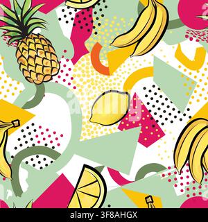 Summer holiday beach party background with fruits pineapple, banana, lemon and geometric shape festive seamless pattern in hawaiiian style. Stock Vector