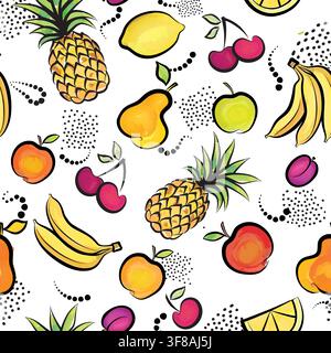 Hello summer card background in 80s style over painted tropical fruit set dotted pattern with pop art lettering Stock Vector