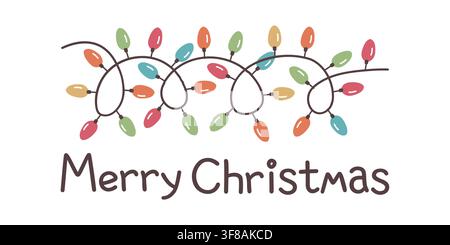 Merry Christmas vector greeting card with colorful light garland isolated on white background for holiday party invitation design Stock Vector