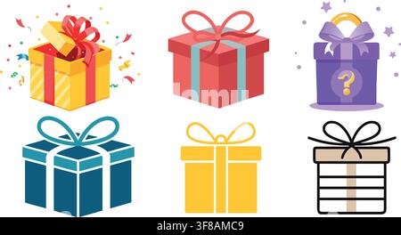 Flat Line Gift Box Icons with Mystery Box and Confetti Vector Set Stock Vector