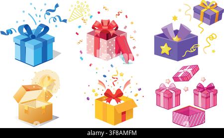 Stacked Gift Boxes and Roses Vector Icon Set for Love and Celebration Stock Vector