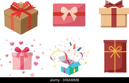 Cardboard Gift Box and Wrapped Present Icon Set with Hearts and Confetti Stock Vector