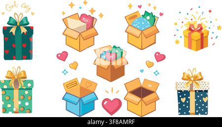 Teal and Red Round Gift Box Icons with Gold Ribbon Bows Vector Set Stock Vector