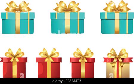 Kraft Paper and Pastel Gift Box Icons with Hearts and Confetti Vector Set Stock Vector