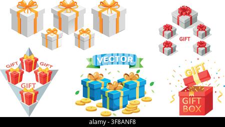 Colorful Open Gift Boxes with Confetti and Sparkles, Surprise Vector Icon Set Stock Vector