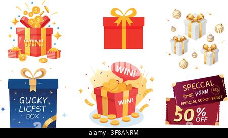 Gift Box Illustration Set with Treasure Chest, Coins, and Confetti Vector Icons Stock Vector