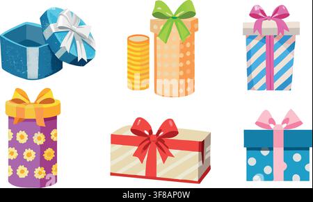 Glossy 3D Gift Box Icon Set with Ribbon Bows, Red Yellow and Silver Vector Collection Stock Vector