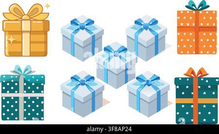 Flat Line Gift Box Icons with Mystery Box and Confetti Vector Set Stock Vector