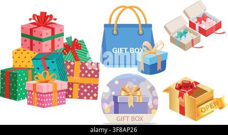 Gift Box Money and Reward Icon Set with Confetti and Blank Gift Tag Stock Vector