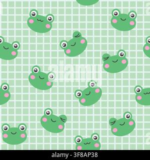 Seamless pattern with kawaii style frogs on a green checkered background Stock Vector
