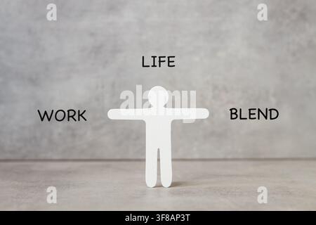 Work life blend concept with white figure and text work, life and blend on minimalist gray background. Professional integration, modern HR and time ma Stock Photo