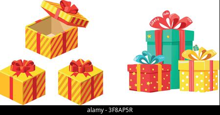 Cardboard Gift Box and Wrapped Present Icon Set with Hearts and Confetti Stock Vector