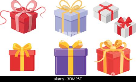 Teal and Red Round Gift Box Icons with Gold Ribbon Bows Vector Set Stock Vector