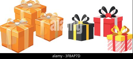 Kraft Paper and Pastel Gift Box Icons with Hearts and Confetti Vector Set Stock Vector