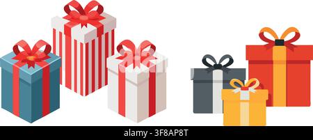 Colorful Open Gift Boxes with Confetti and Sparkles, Surprise Vector Icon Set Stock Vector