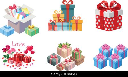 Glossy 3D Gift Box Icon Set with Ribbon Bows, Red Yellow and Silver Vector Collection Stock Vector