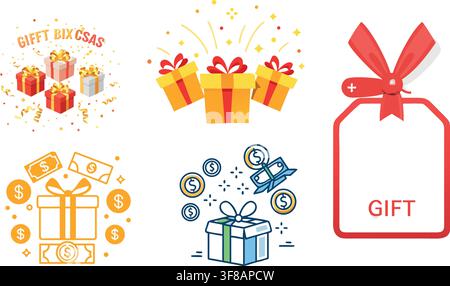 Gift Box Illustration Set with Treasure Chest, Coins, and Confetti Vector Icons Stock Vector