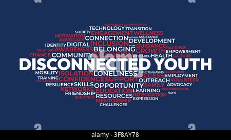 Disconnected Youth Word Cloud Design for Social Awareness Poster Youth Mental Health Print. Disconnected Youth modern typography Stock Vector