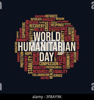 World Humanitarian Day Word Cloud Circle Typography with Relief and Charity Keywords Stock Vector