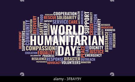 World Humanitarian Day Word Cloud with Compassion Support and Aid Keywords Vector Illustration Stock Vector