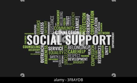Social Support Typography Word Cloud with Community Care and Help Keywords on Dark Background Stock Vector