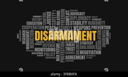 Disarmament Word Cloud with Peace Security and Diplomacy Typography on Black Background Stock Vector