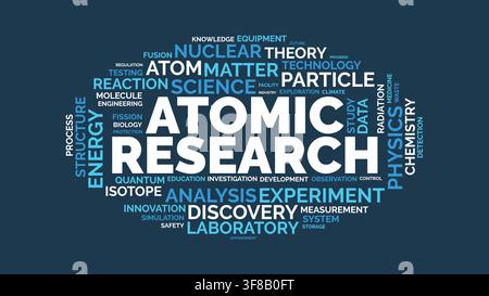 Atomic Research Word Cloud Concept with Physics Science and Nuclear Energy Typography Stock Vector