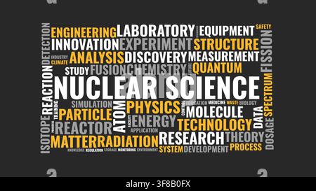 Nuclear Science Typography Word Cloud Design with Physics Energy and Research Terms Stock Vector