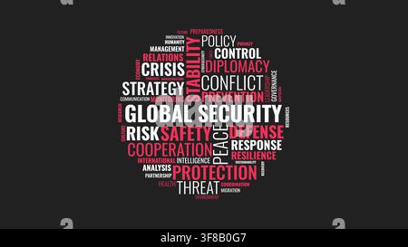 Global security word cloud typography design with crisis and strategy terms Stock Vector