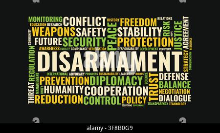 Disarmament word cloud typography illustration with political and peace-related terms on black background Stock Vector